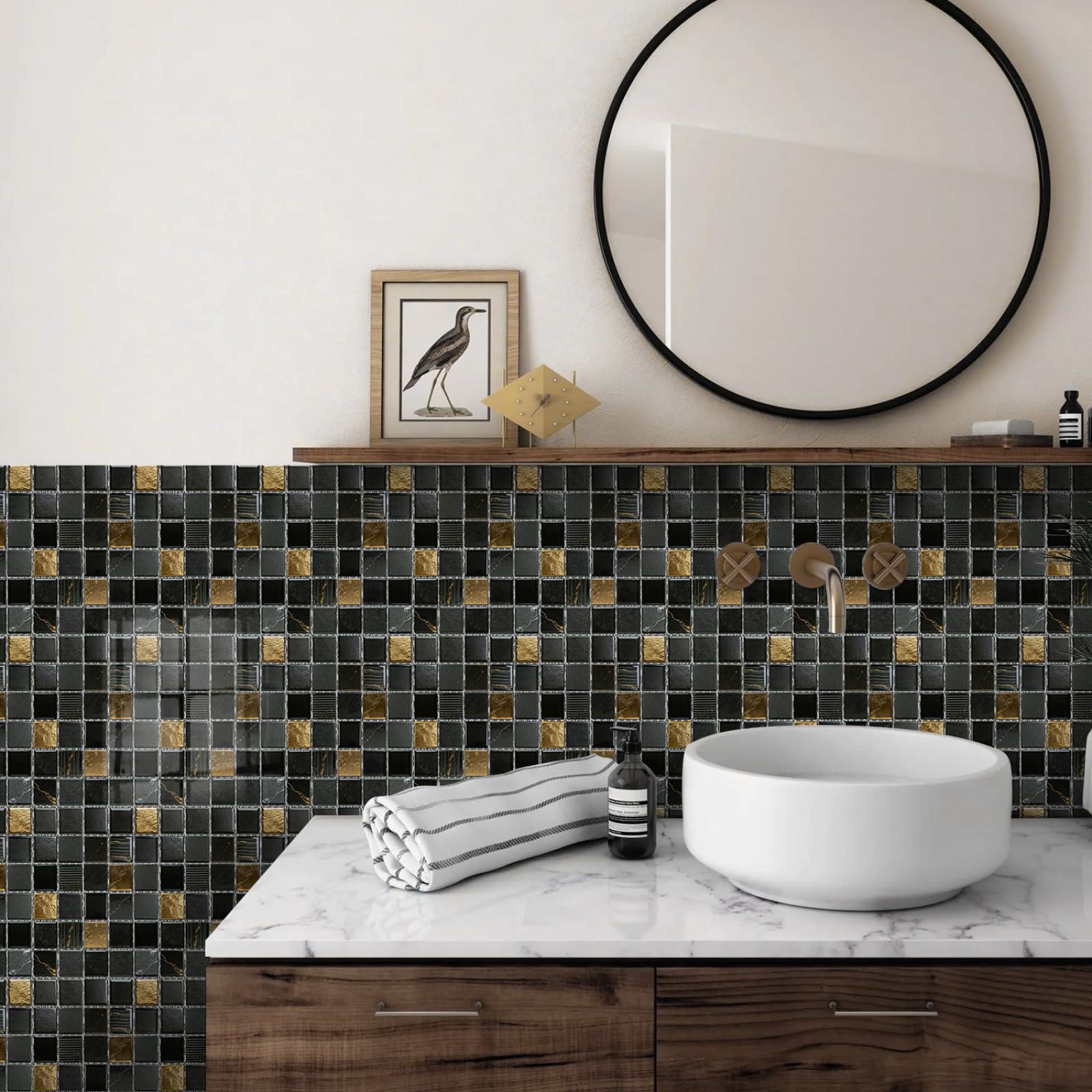 Self Adhesive Wall Tiles Black Gold Marble Stick on Thicker Peel and Backsplash for Kitchen Bathroom Tile Stickers