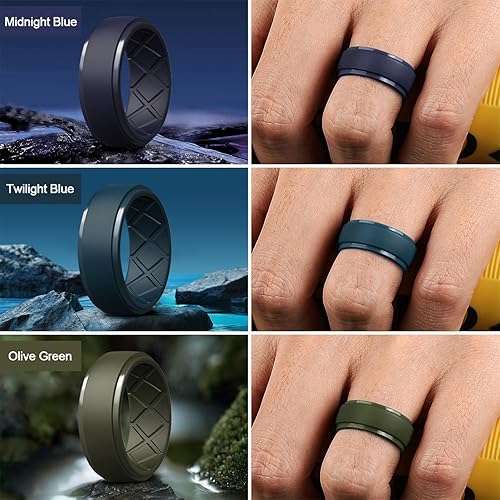 Miniatura 10 de Egnaro Anillo de silicona para hombre, 7 anillos, 4 anillos, 1 anillo con borde escalonado, bandas de boda de goma de 0.335 in de ancho - 0.098 in