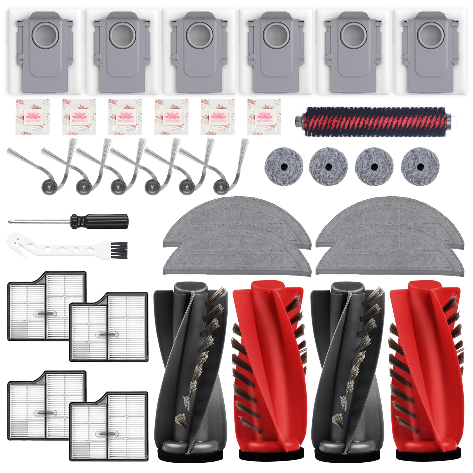 GZEduld 37 Stück Zubehör für Roborock Saros 10 Saugroboter,4 Hauptbürsten,1 Selbstreinigende Bürste,6 Seitenbürsten,6 Flach-Duftsteine, 6 Staubbeutel,8 Wischtücher,4 Filter und weiteres