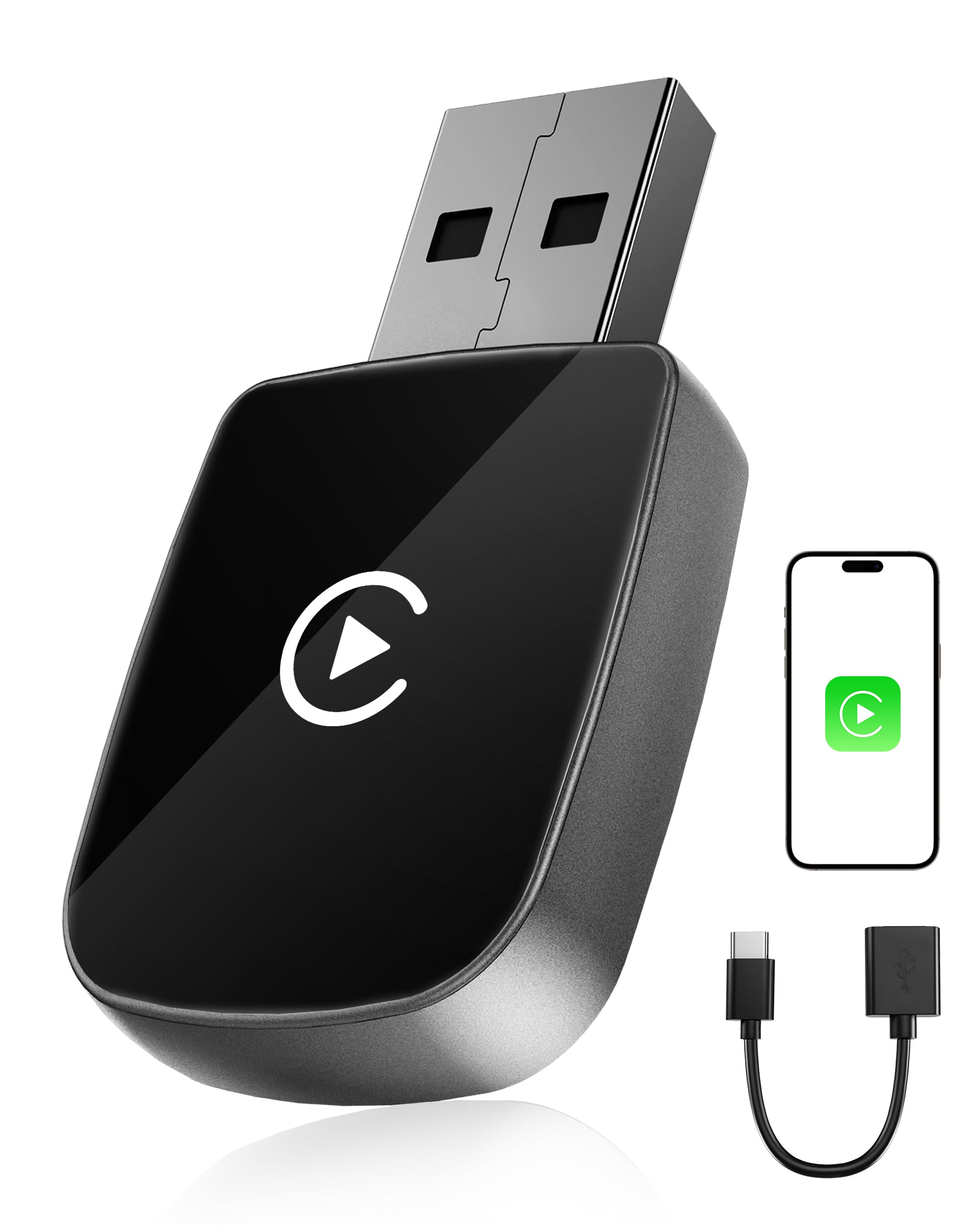Adaptador CarPlay Inalámbrico, Bluetooth V5.3 Conexión Estable, 5.8GHz WiFi de Alta Velocidad, USB A/C, Convierte Coches con CarPlay por Cable en Inalámbrica, para Apple iPhone iOS 10+