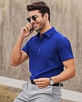 Vista 163 de Alimens & Gentle - Camisas de vestir con bolsillo y manga corta, de color liso y sin arrugas, estilo casual con botones, para hombres