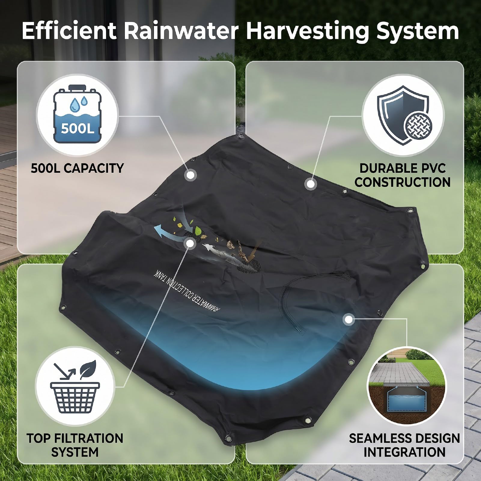 Colector de Agua de Lluvia Tanque de Almacenamiento de Agua de Jardín de PVC de Recolección de Lluvia Integrado de 500 L con Filtro Superior Depósito de Grande para Riego