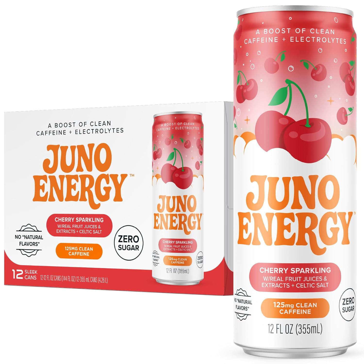 JUNO ENERGY Organic Cherry Sparkling Energy Drink - Sugar Free, Energizing and Hydrating with 125mg Organic Caffeine from Green Coffee Beans, Stevia, Organic Sour and Black Cherry Juice & Electrolytes - Vegan, Gluten Free, 12 Pack
