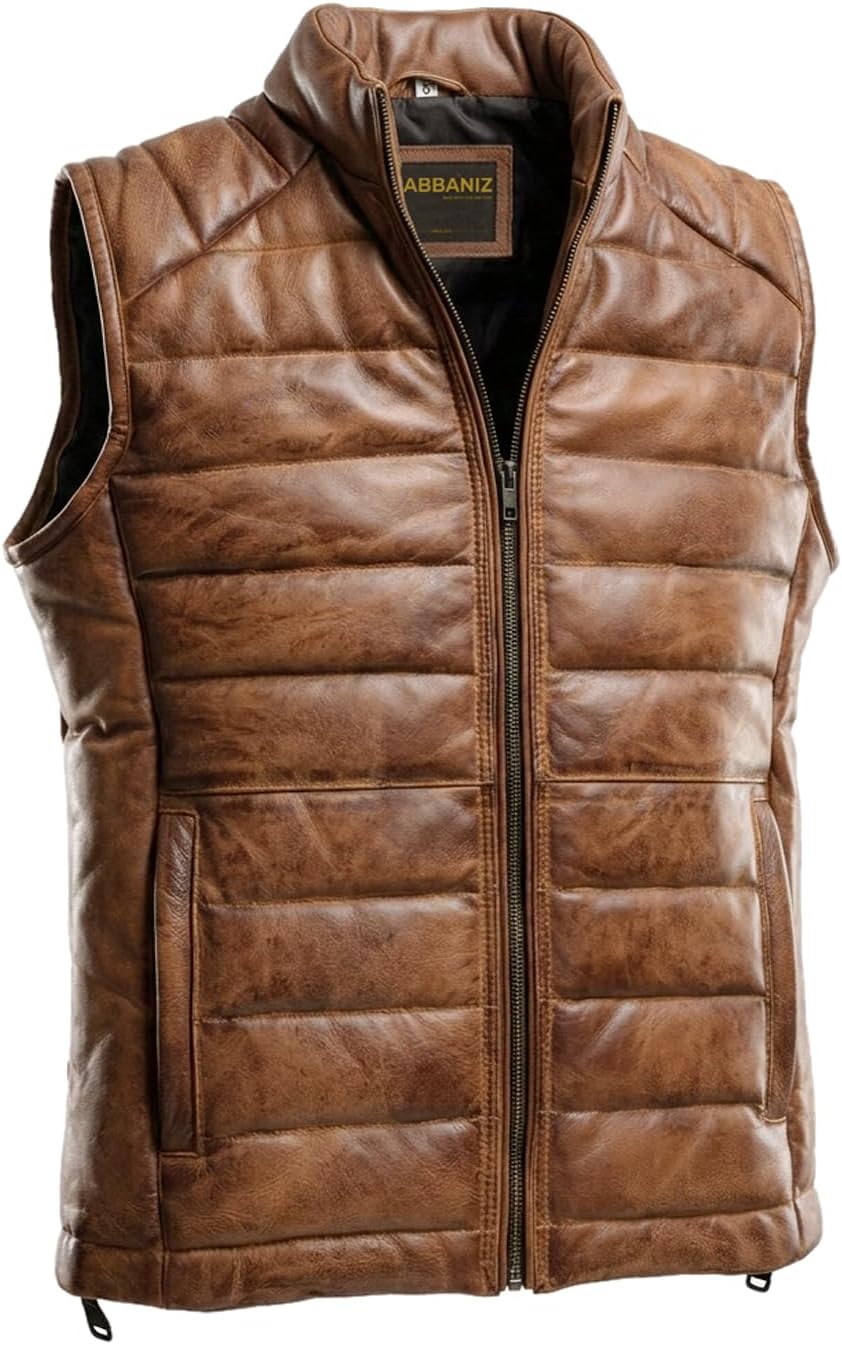Distressed Quilted Puffer Down Leather Vest Men | Lightweight Distressed Brown vest | Leather Down Puffer Vest