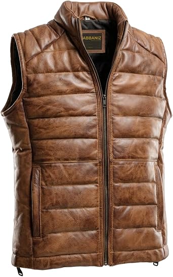 Distressed Quilted Puffer Down Leather Vest Men | Lightweight Distressed Brown vest | Leather Down Puffer Vest