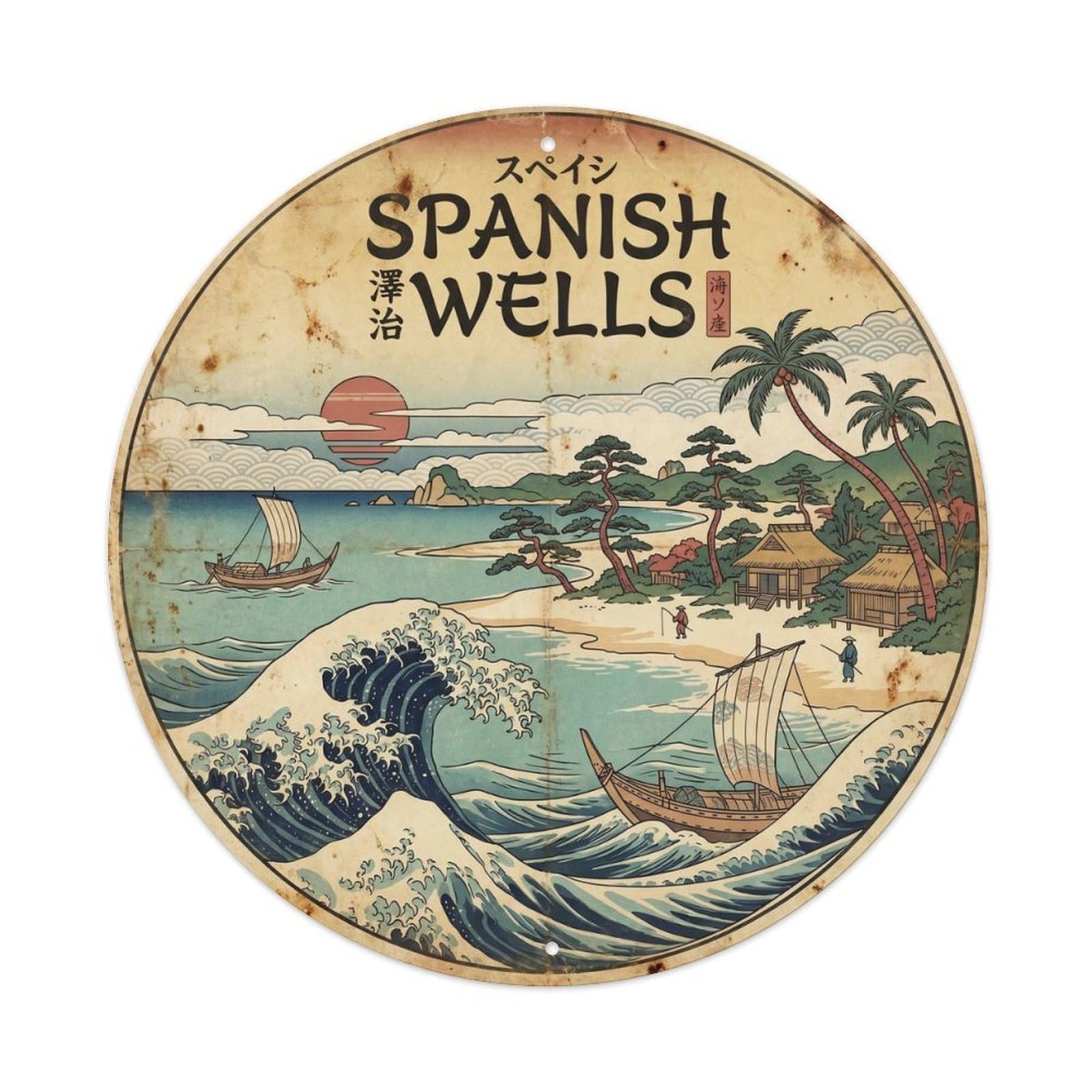 Spanish Island Rocky Bay Resort Ink Illustration Metal Tin Sign