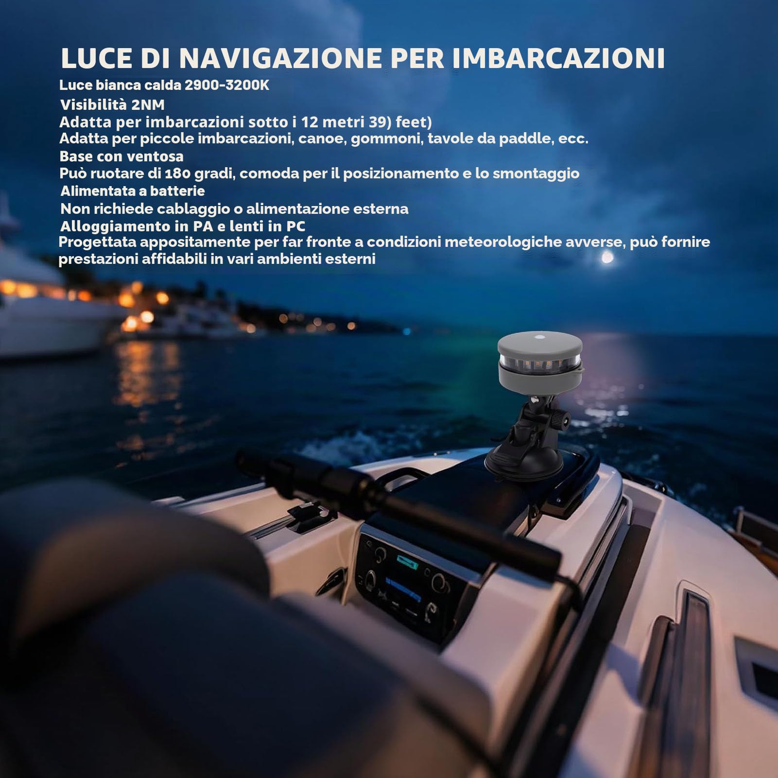 Luce di navigazione per barca Vikye, lampada LED a batteria da 55 LM con base a ventosa e visibilità di 2 NM, per kayak, canoa e tavola da paddle