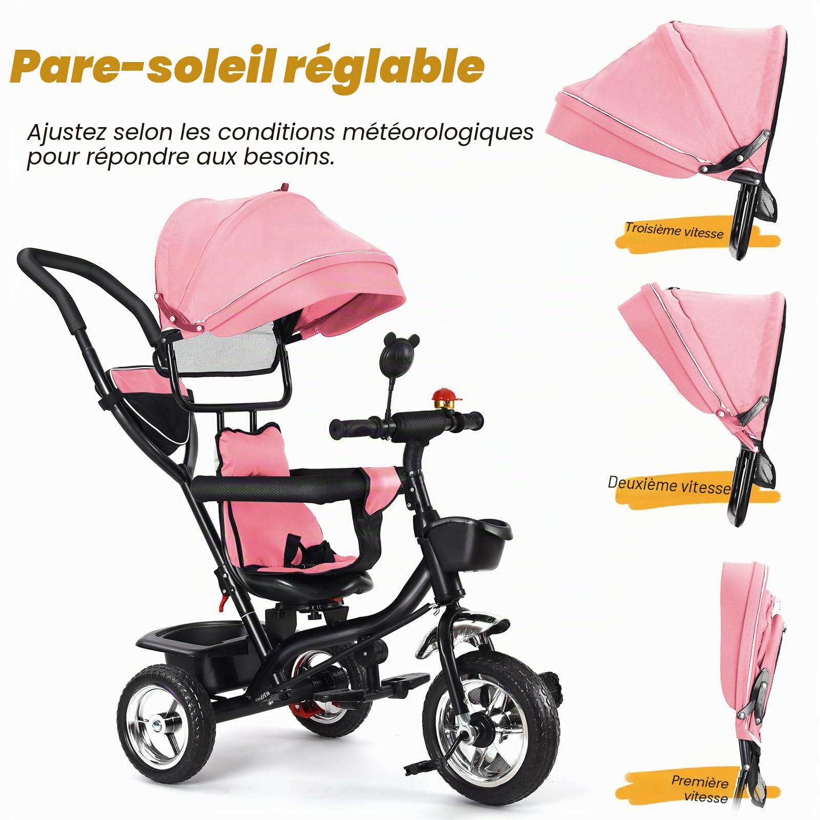 Tricycle Bébé Évolutif Jusqu'À 30 Kg, Velo Bebe pour Les Enfants À Partir de 1 an, Soleil Canne Télescopique et Pédales Amovibles Tricycle à Pousser pour Filles/Garçons-4 en 1 (Rose)