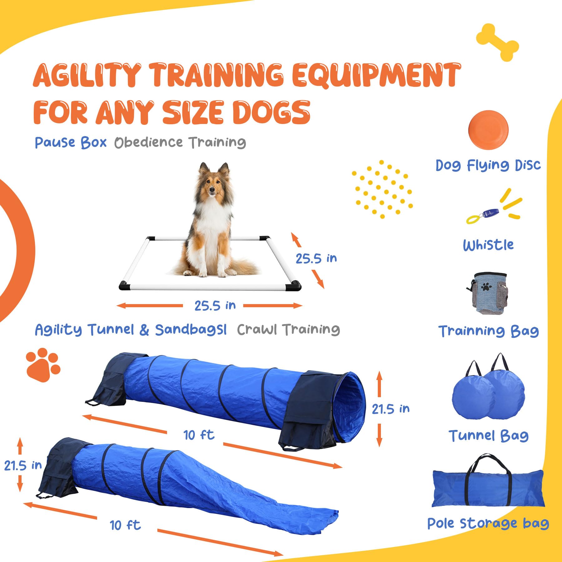 POPMOON Equipo de entrenamiento de agilidad para perros, 13 unidades de equipo de agilidad para perros | Curso de agilidad profesional para perros con saltos ajustables, túnel plegable, bola, bolsas de almacenamiento