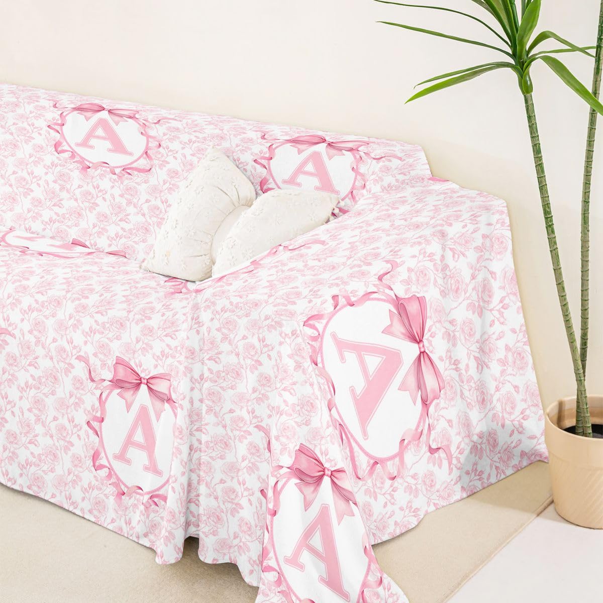 Homewish Baby Rosaschleife Sofaüberzug Personalisierter Buchstabe Anfangsbuchstabe A Couch Überwurfdecke 180x381 Frühlingsfloral Sofa Cover Schleife Kokette Sofahusse
