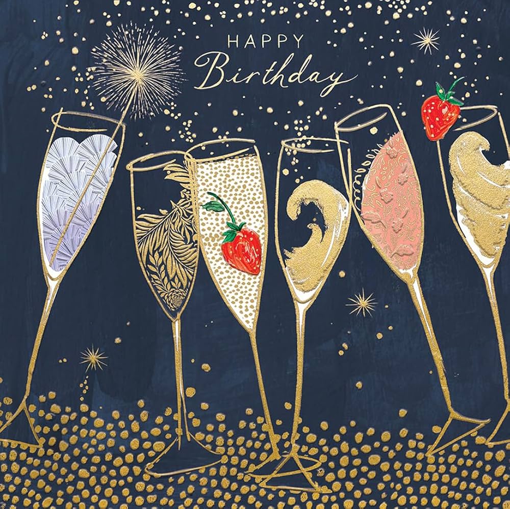 Paperlink Général - Carte d'anniversaire ouverte pour femme - Flûtes à champagne avec confettis, fraises et feuille d'aluminium gaufrée - Respectueux ...