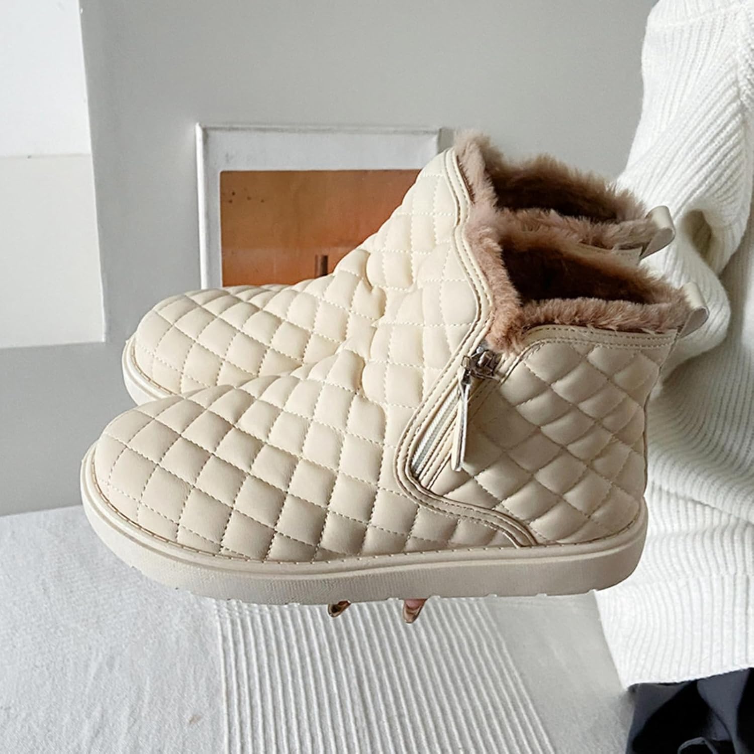 Women's Ankle Snow Boots, Fleece Lined Warm Winter Footwear, Quilted Design, Comfortable Lightweight Sole, Cozy Slip-On Shoes for Cold Weather Daily Wear.