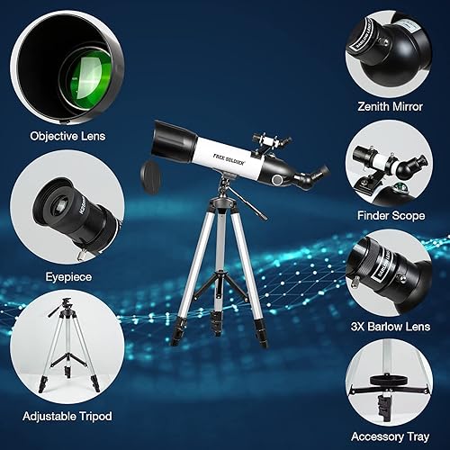 Miniatura 3 de FREE SOLDIER Telescopio para adultos y niños - 2.362in de apertura (24X-200X) 23.622in telescopio astronómico portátil para ver la luna potente