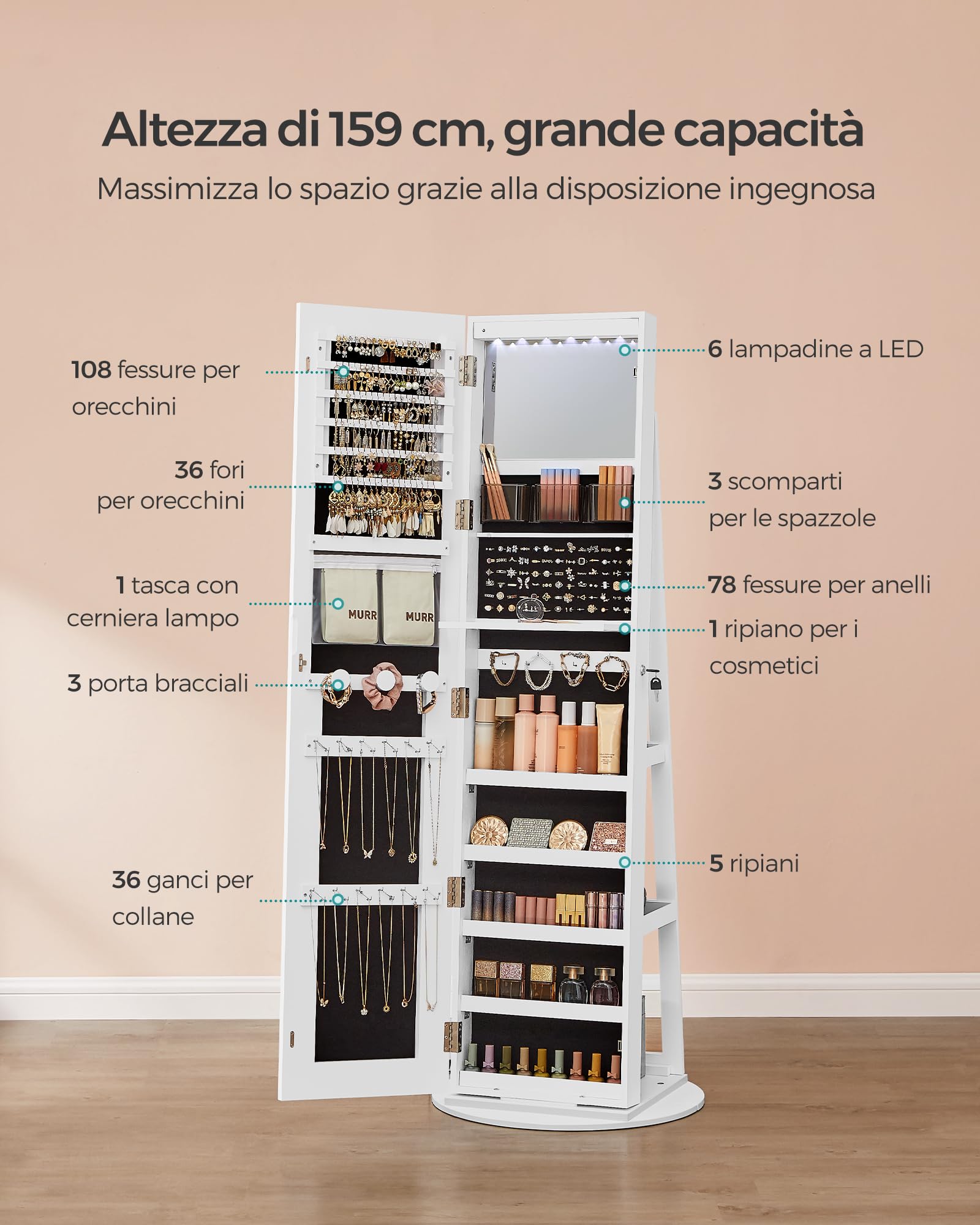 SONGMICS Specchio Portagioie con LED, Armadietto Portagioie da Terra con Chiusura, Specchio a Figura Intera e Luci Regolabili, Mobile per Gioielli Salvaspazio, Idea Regalo, Bianco Nuvola JJC008W03