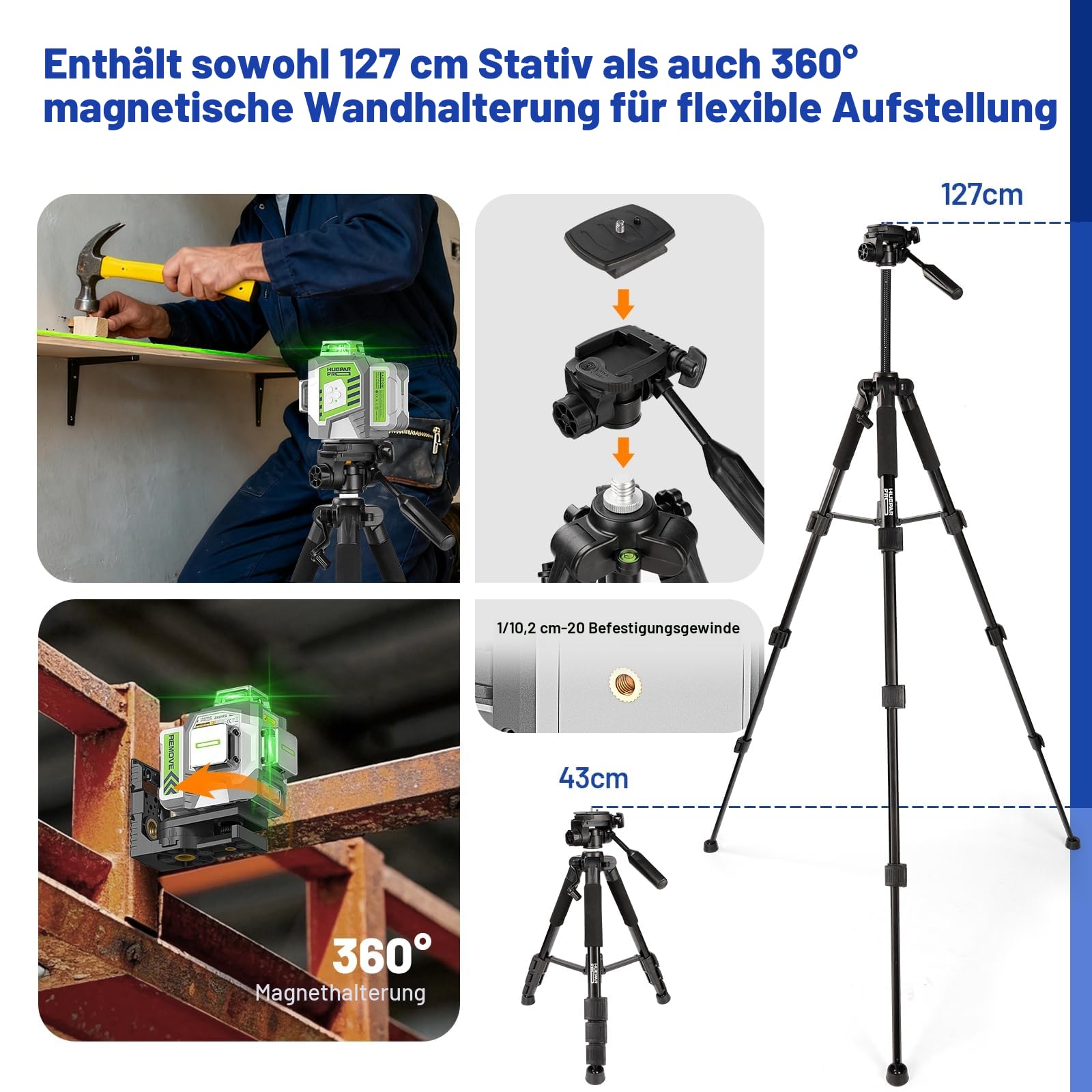 Huepar Pro Kreuzlinienlaser mit Stativ, 360 Laser Wasserwaage Selbstnivellierend Linienlaser Fernbedienung, 127 cm Stativ, 10 Stunden Arbeitszeit Wiederaufladbar, ±2mm hohe Genauigkeit Transportkoffer