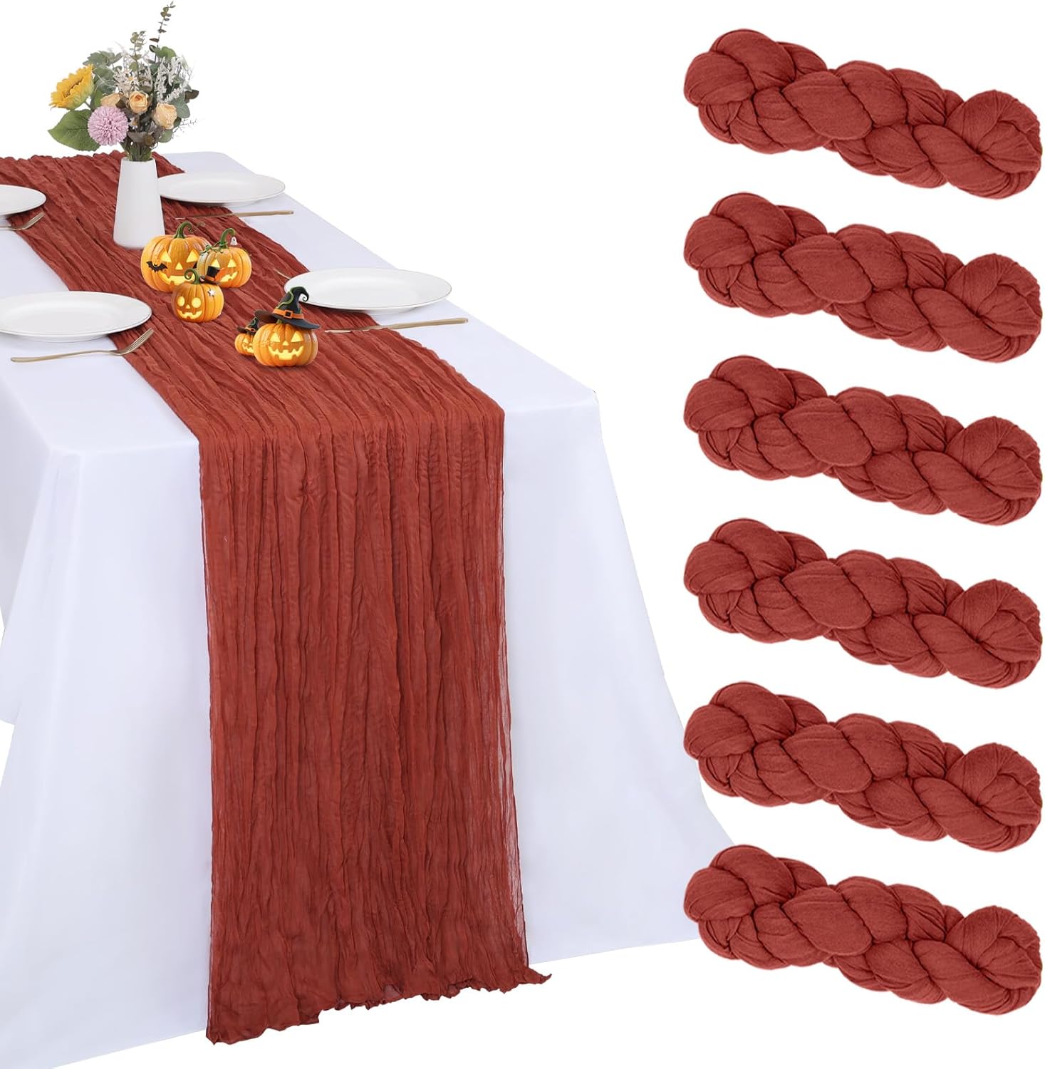 6 Pack Fall Table Runner Terracotta Cheesecloth 10FT Boho Gauze Fabric Burnt Orange Table Runner 35 x 120 Inch Rustic for Thanksgiving Wedding Decor Baby Shower Party Boho Decoration Terracotta 6 Pcs - 10 Ft