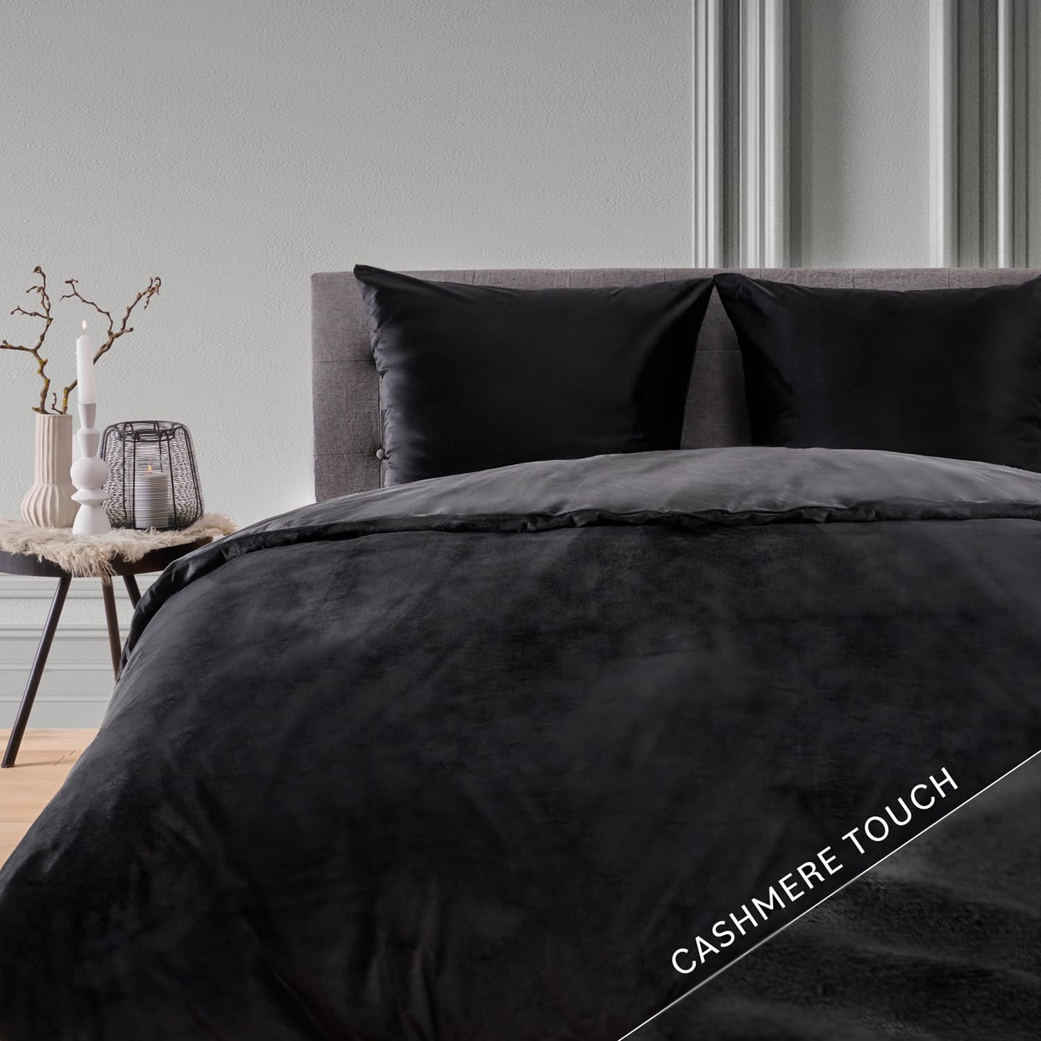 Blumtal Winterbettwäsche 200x200 cm Cashmere-Touch Plüsch – warmes Mikrofaser-Set, Oeko-TEX Zertifiziert, 1 Deckenbezug + 2 Kissenbezüge 80x80 cm – Schwarz