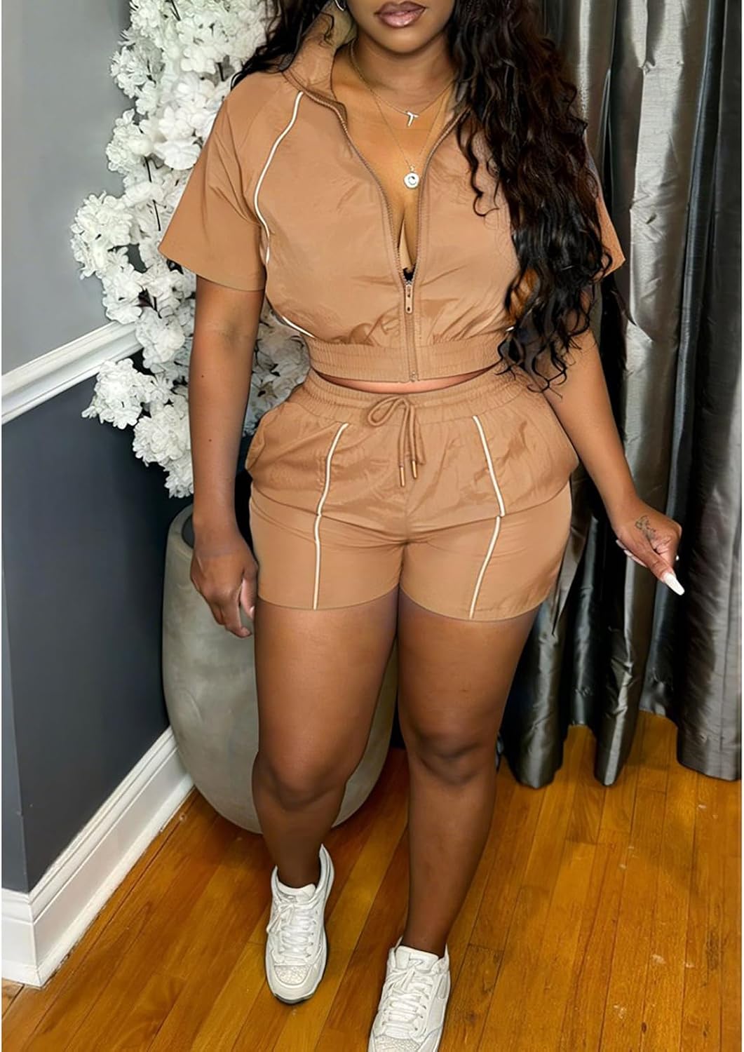 Yuopeid Women's Short Sleeve Lapel Neck Crop Top Casual 2 Piece Set Elastic High Waist Short Pants Workout Outfit
