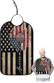 BOBOWUNY Sunflower American Flag Adult Bibs for Elder Women Men Eating, Farmhouse Black White Striped Waterproof & Washable Bibs for Eating Clothing Protector Dining Bibs for Crumb Catcher