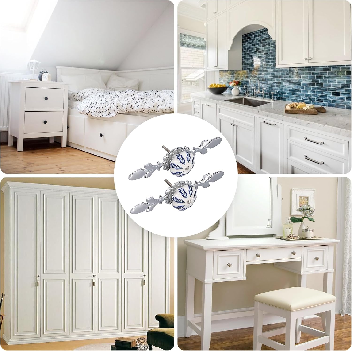 2Pcs Ceramic Handle, Simple Style Cabinet Handle Hand Painted Cabinet Knob Modern Cabinet Pull Drawer Knob(Pachira Macrocarpa Blue and White Porcelain)