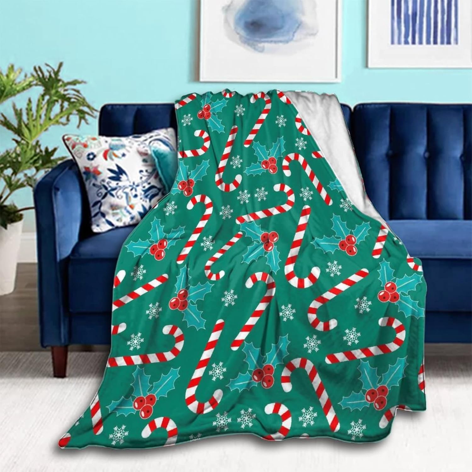 Aiyoolee Soft Flannel Blanket Candy Cane Teal Green for Men