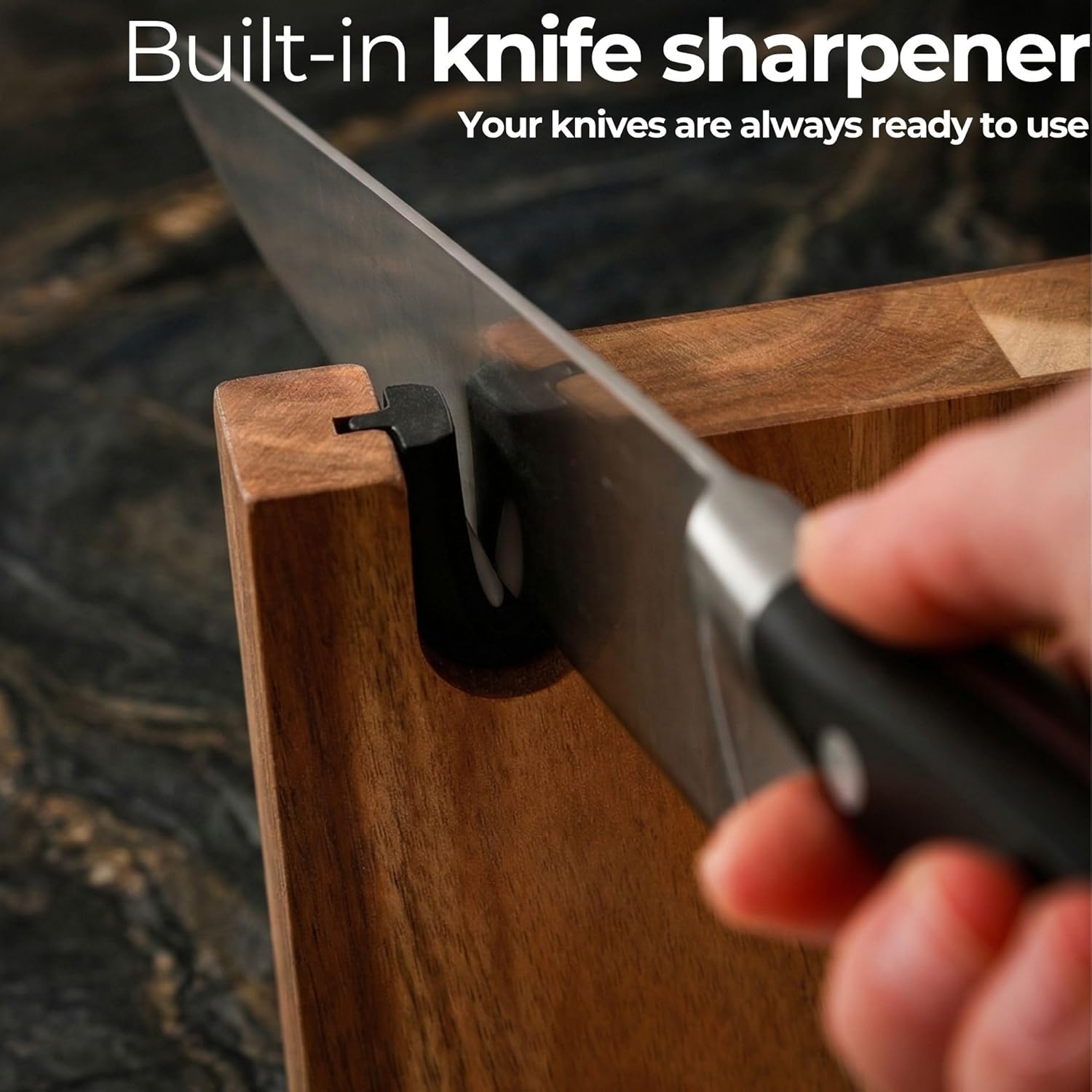 Magnetic Knife Block Stand XL with Built-in Knife Sharpener Wooden Magnetic Knife Holder for kitchen knife storage elegant and sturdy Countertop knife stand Knife magnet in Acacia wood