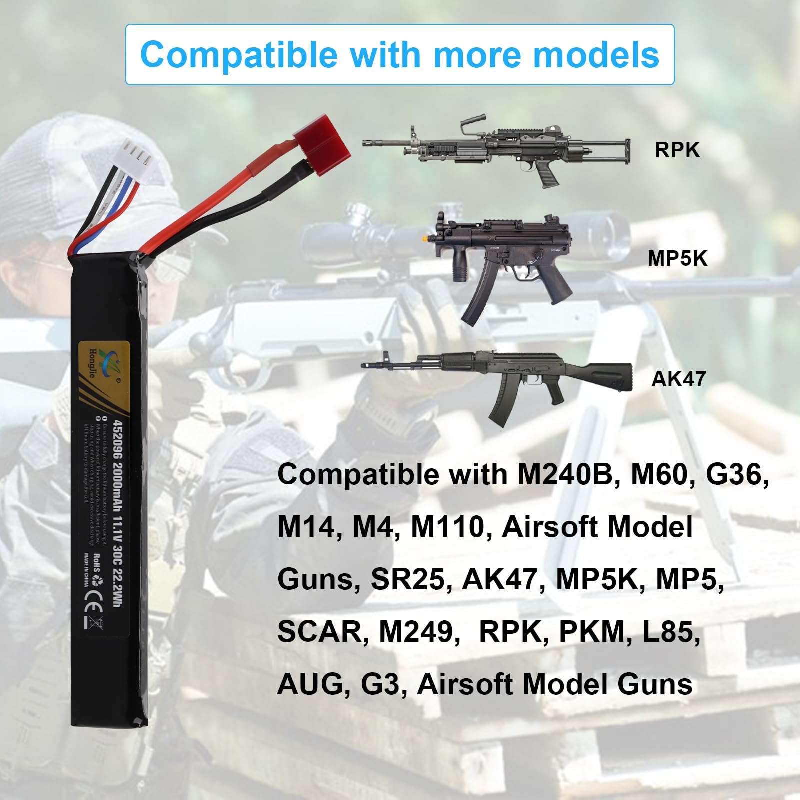 11.1V 2000mAh 22.2Wh Batteria LiPo ricaricabile 3S 30C compatibile con connettore Deans-T per Airsoft M4, M110, AK47, MP5, Scar, M249, AUG, AEG, MP5K, M60, RPK, PKM, modelli di pistole