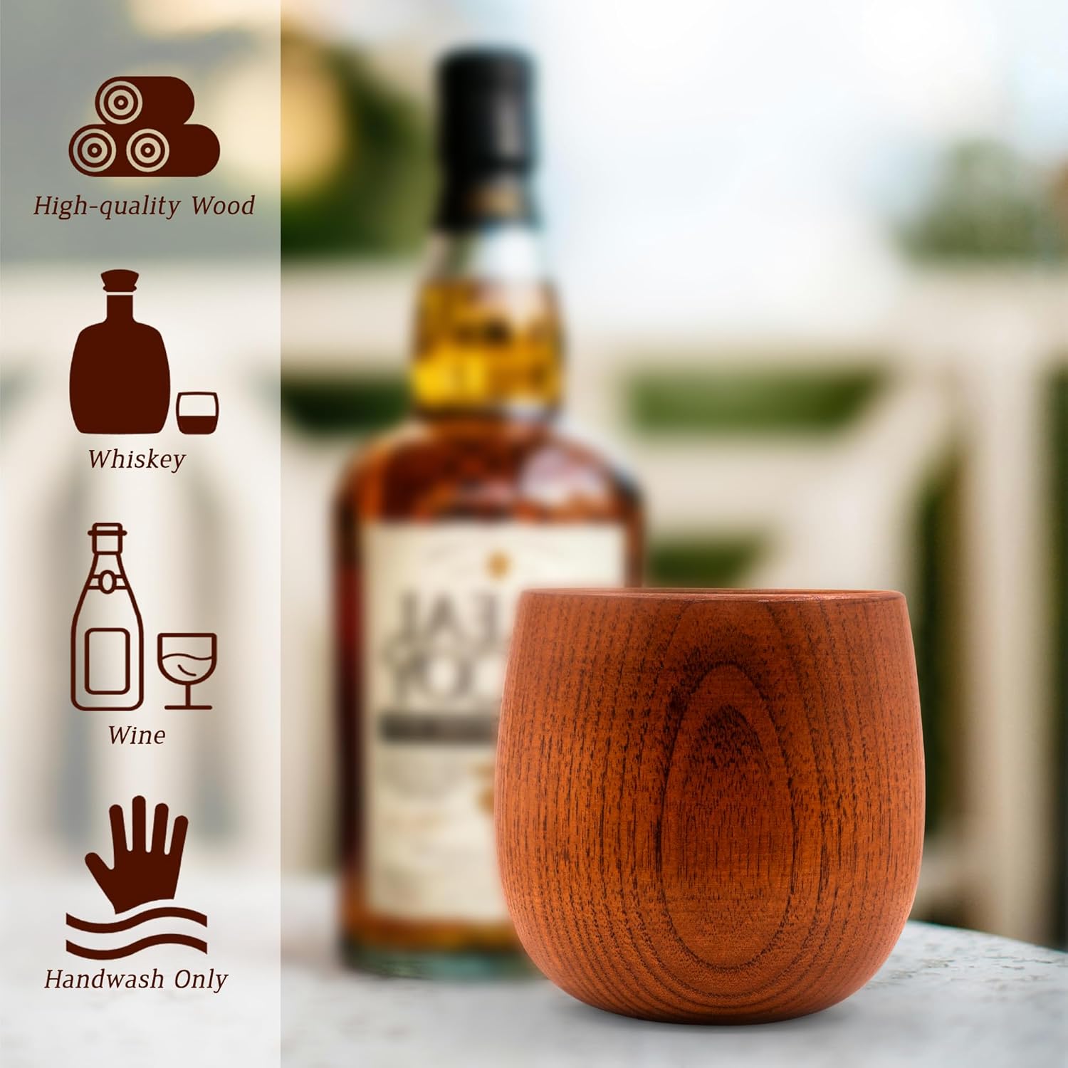 Wooden Bourbon Drinking Glasses Set of 2-Old Fashioned Whiskey Glasses with Whiskey Stones, Unbreakable & Flavor Enhancing Gift for Men,Dad,Husband (10oz)-Father's Day,Birthday,Retirement Gift