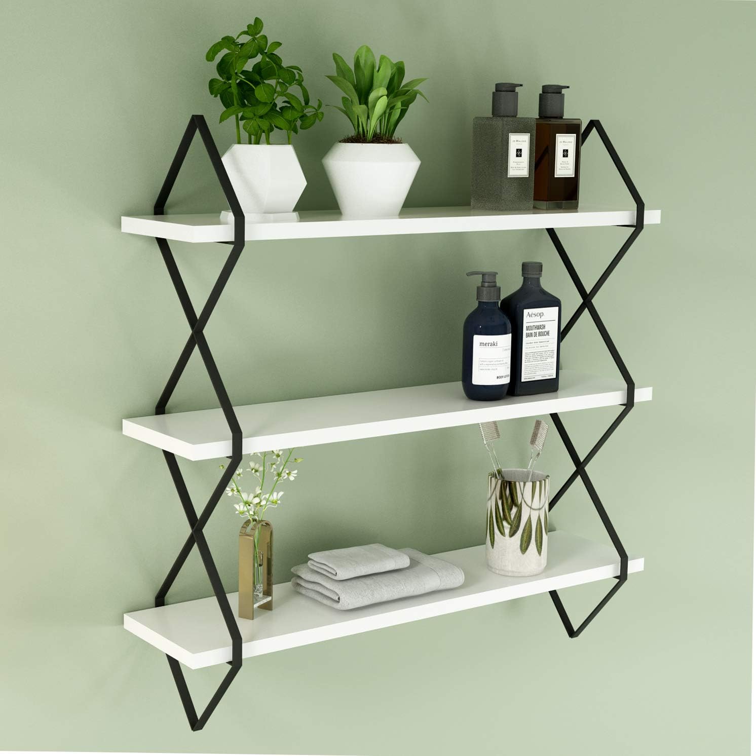 WELLAND 3-Tier White Floating Shelves Wall Mount Hanging Shelves Wood Modern Display Shelves, Bookshelves,for Living Room Kitchen (23 1/2 Inches)