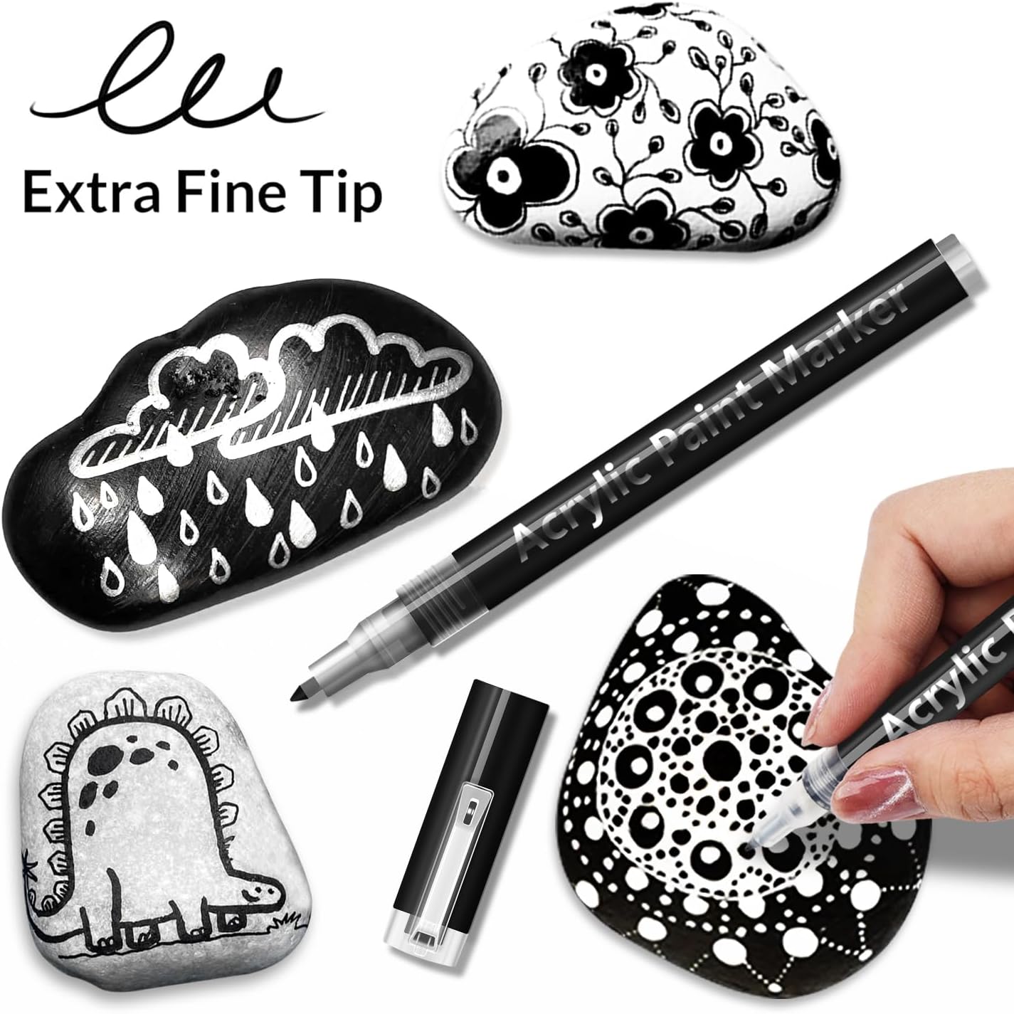 2 Pack Black Acrylic Paint Pens, 0.7mm Extra Fine Tip, Water Based Acrylic Markers for Wood, Paper, Rock Painting, Stone image 4