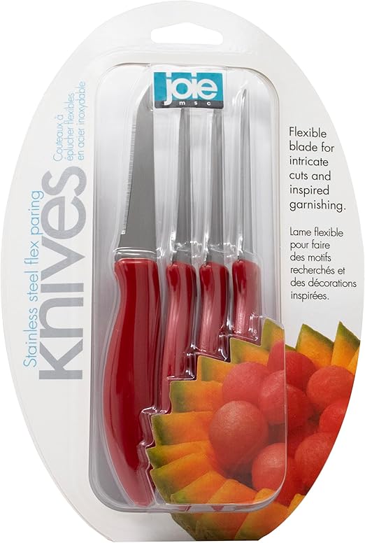 Joie Paring and Garnishing Knives, Set of 4, Stainless Steel, 2.75-Inch Tapered Blade for Maximum Precision, Ergonomic Handle, Colors May Vary