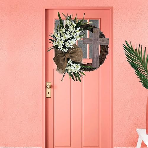 Miniatura 7 de KLKCMS Corona de Pascua de 1378 pulgadas con vid colgante con arpillera rústica para decoración de vacaciones boda vacaciones casa de campo sin