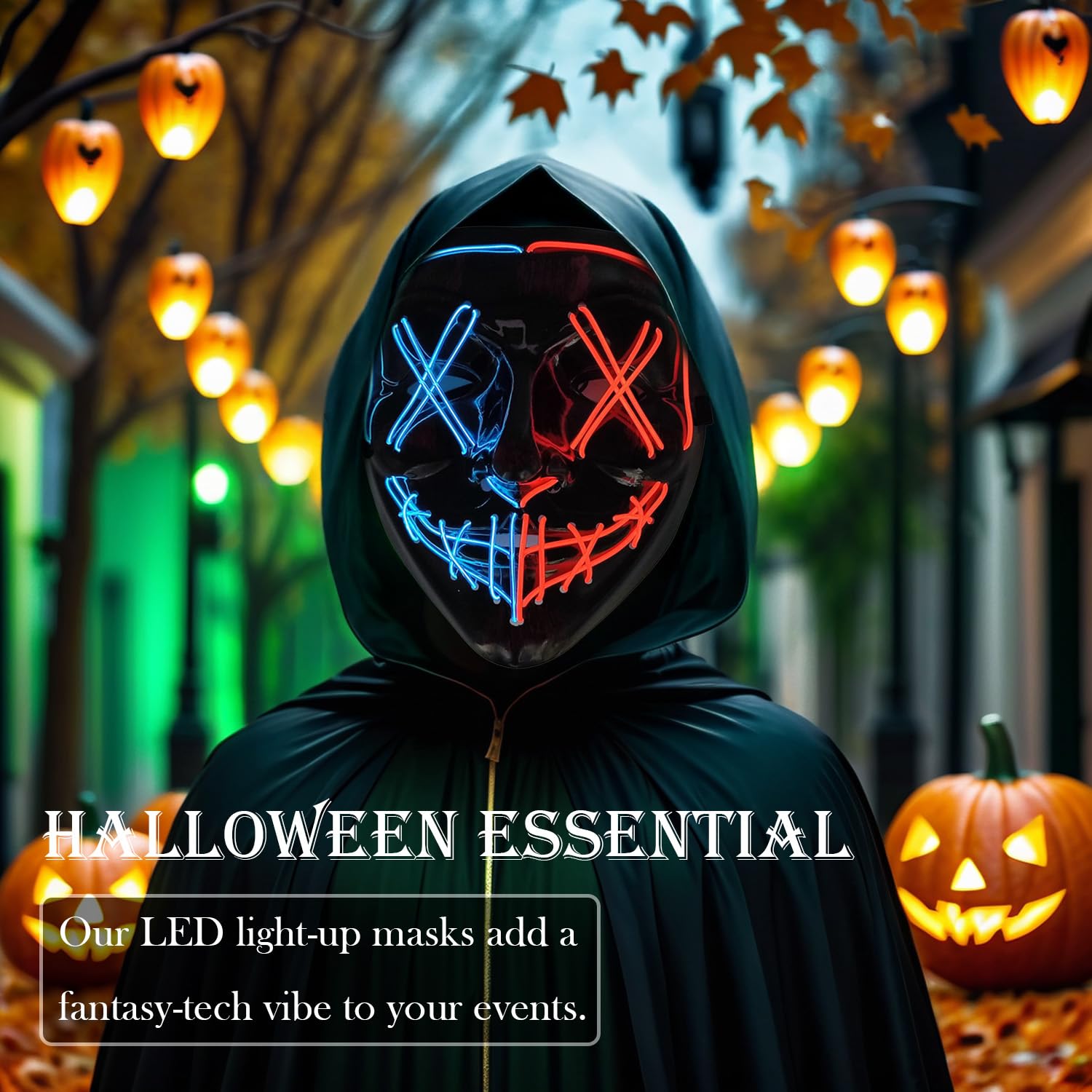 Halloween Mask with LED Lights - Scary Light-Up Mask for Costume Parties Cosplay, Masquerade & Carnival Festivals (black B) - Image 2