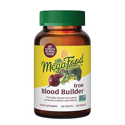 MegaFood Blood Builder Iron Supplement for Women & Men - Increase Iron Levels Without Side Effects - Combats Fatigue - with Vitamin B12, Folic Acid & Vitamin C for Absorption - Vegan - 180 Tablets
