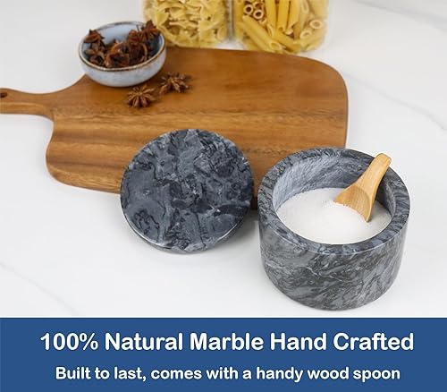 Miniatura 2 de Bodega de sal de mármol negro con tapa y cuchara de madera, caja de hierbas de especias y pimienta hecha a mano de 4 pulgadas