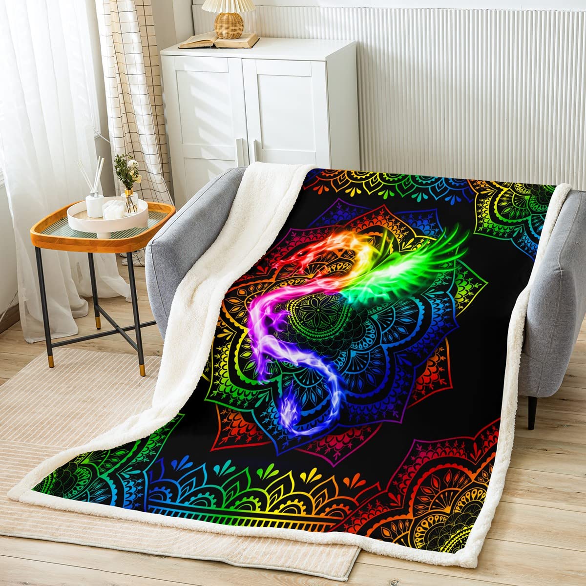 Watercolor Dragon Throw Blanket,Rainbow Mandala Print Fleece Blanket Bohemian Exotic Style and Animal Theme Bed Blanket for Kids Child Teens Black Soft Flannel Blanket, Twin Size (60 x 80 Inches)