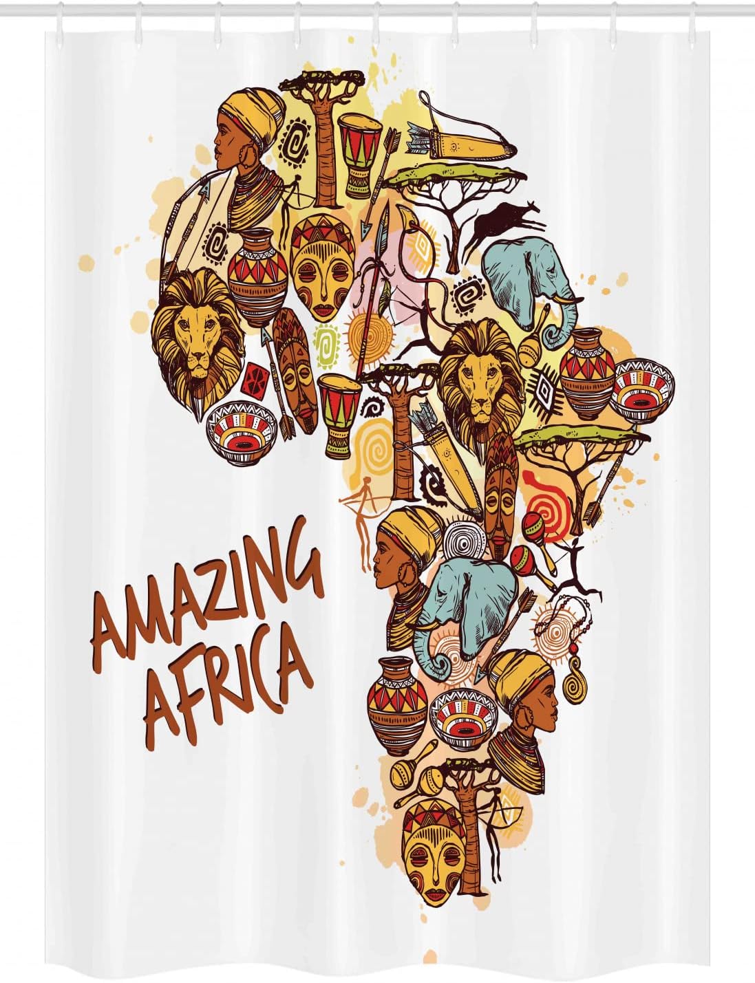 Ambesonne African Stall Shower Curtain, Map Native Objects and Mammals Graphic Theme, Fabric Bathroom Decor Set with Hooks, 54" W x 78" L, Multicolor