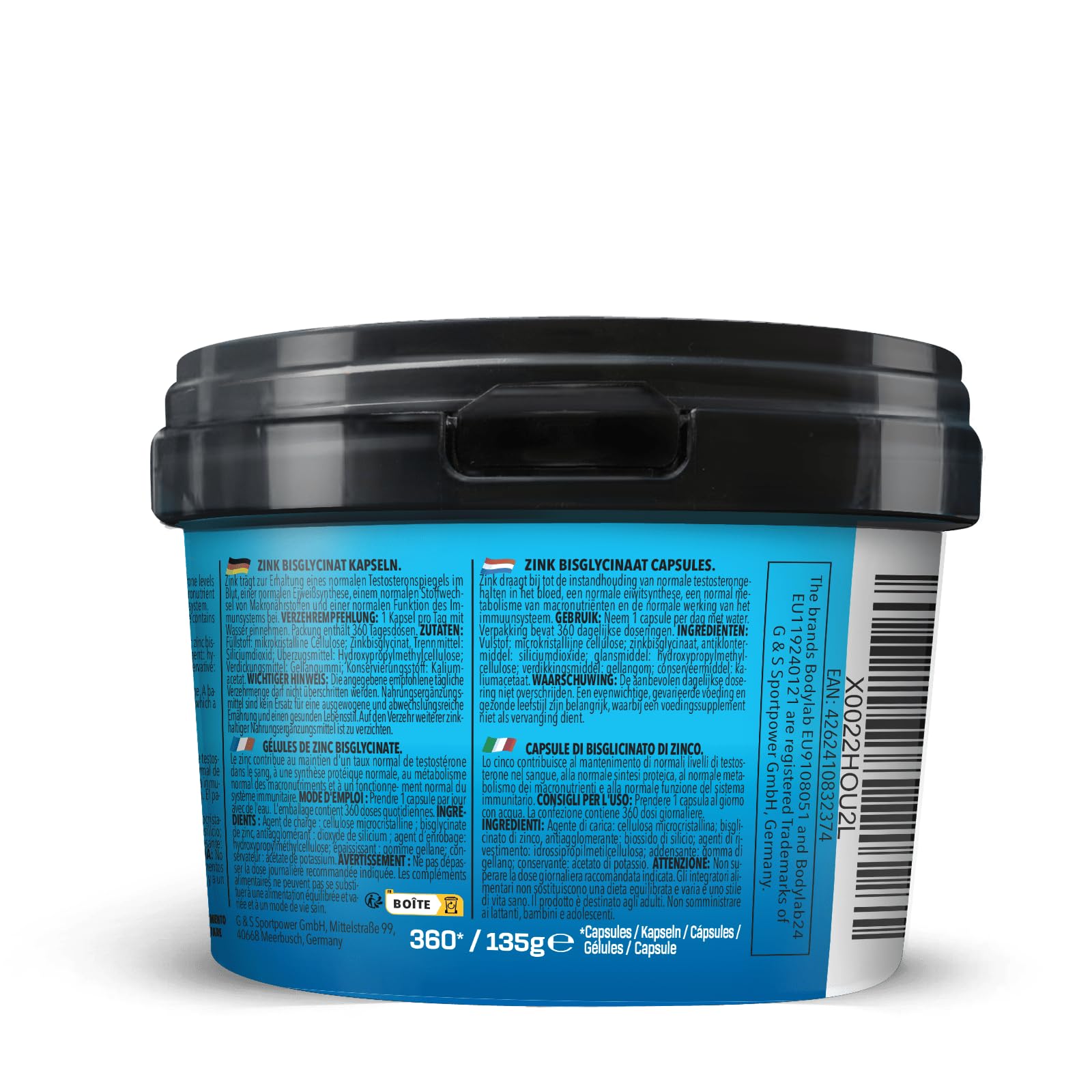 Bodylab24 BIG PACK Zinc Bisglycinate 360 Kapseln, mit 25mg Zink pro Kapsel, hohe Bioverfügbarkeit, GMO-frei hergestellt, zur Unterstützung der normalen Proteinsynthese und Funktion des Immunsystems