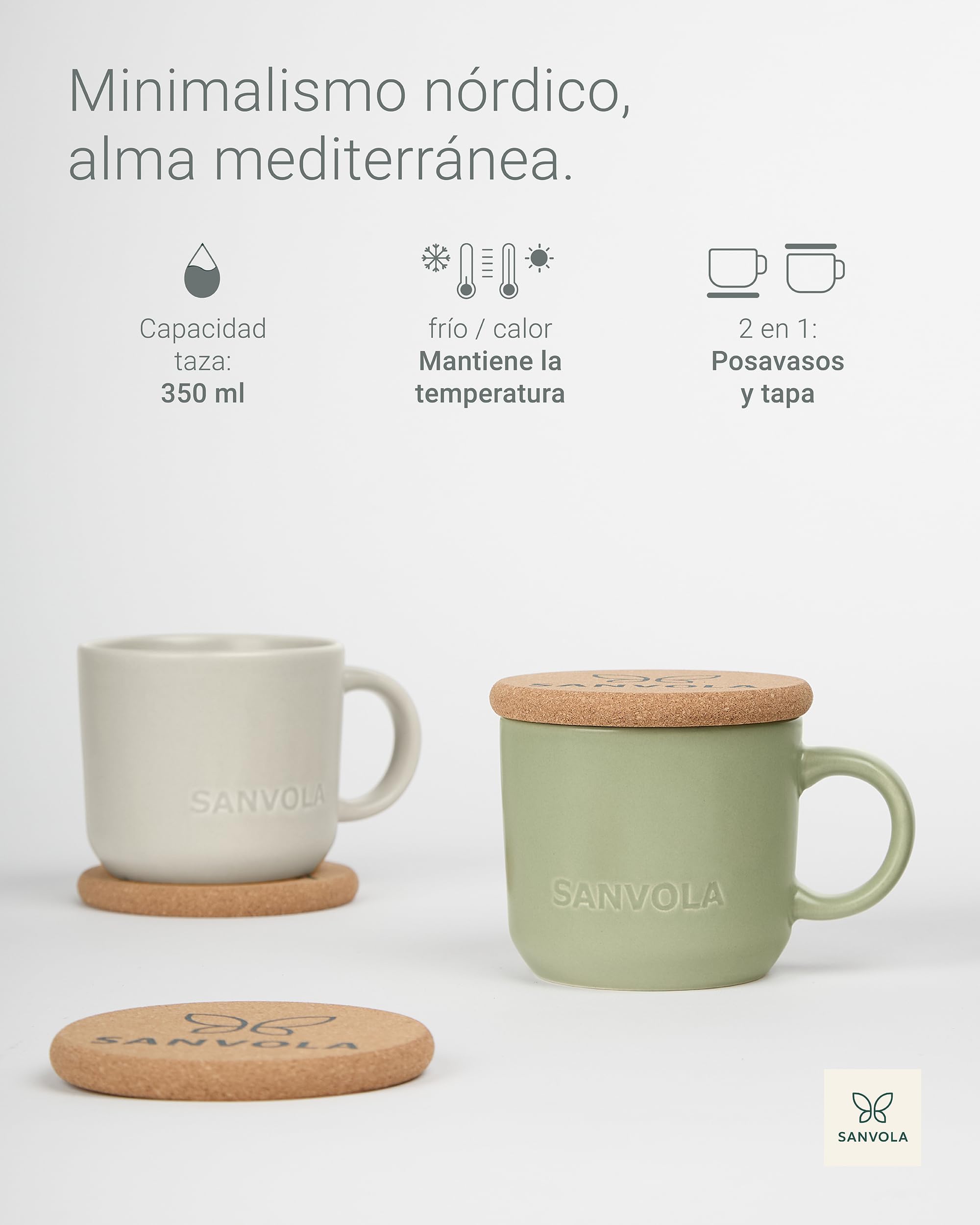 6 tazas desayuno 350 ml, juego de tazas de cafe de gres cerámico mate con tapa-posavasos de corcho 2 en 1, aptas para microondas y lavavajillas, ideales como tazas cafe con leche y tazas de te