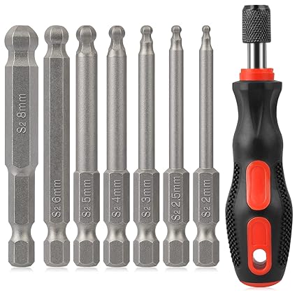 Ball End Hex Bit Set with 1/4'' Quick Release Bit Driver, LATTOOK 7PCS Metric S2 Steel Ball End Hex Head Allen Wrench Drill Bits with Screwdriver Bit Holder Handle, for IKEA Type Furniture, 2.5'' Long