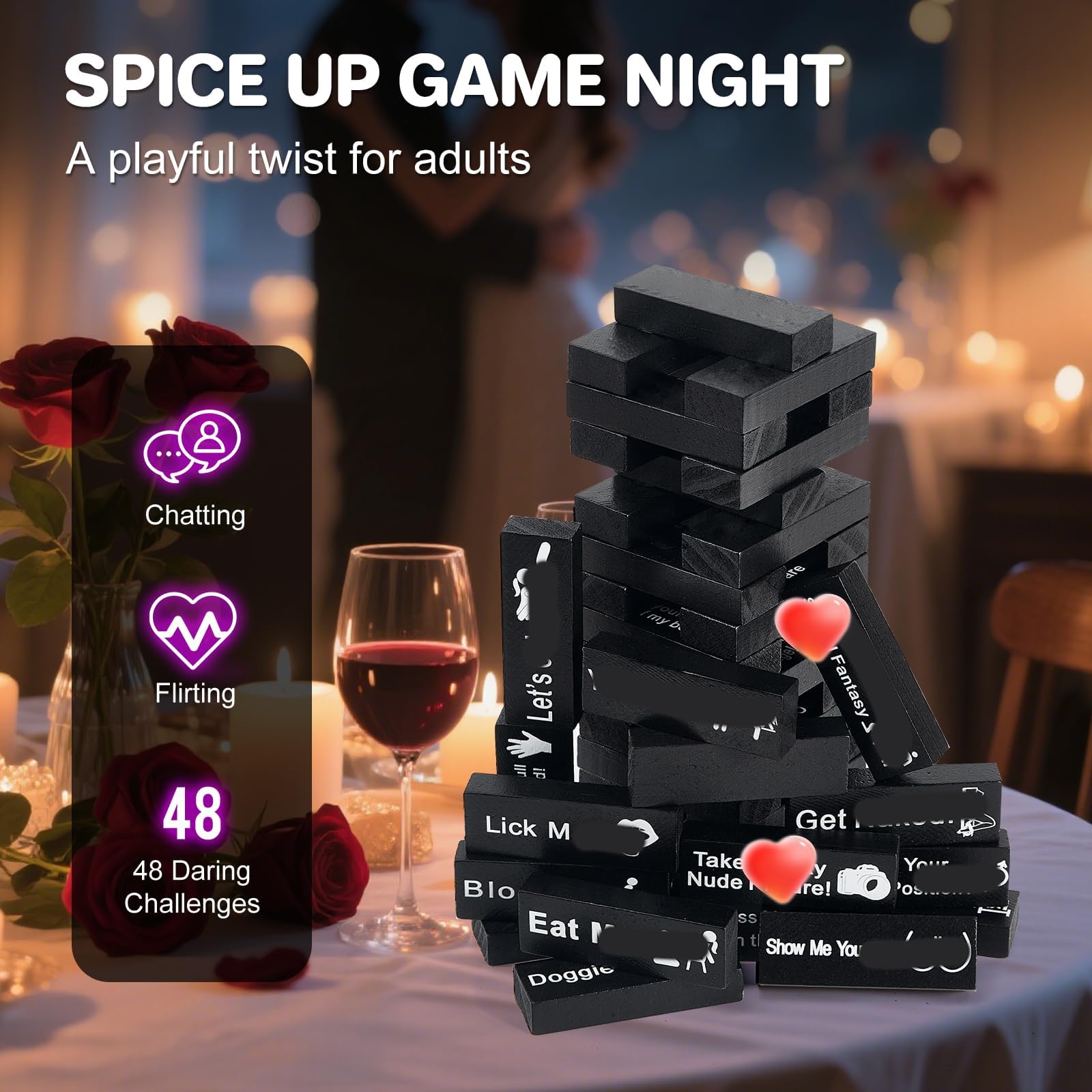 48 blocs de jeux de boissons pour adultes, jeu de couple Lust Tower pour adultes super coquins tour en bois empilable pour couples, idées de rendez-vous amoureux de la Saint-Valentin
