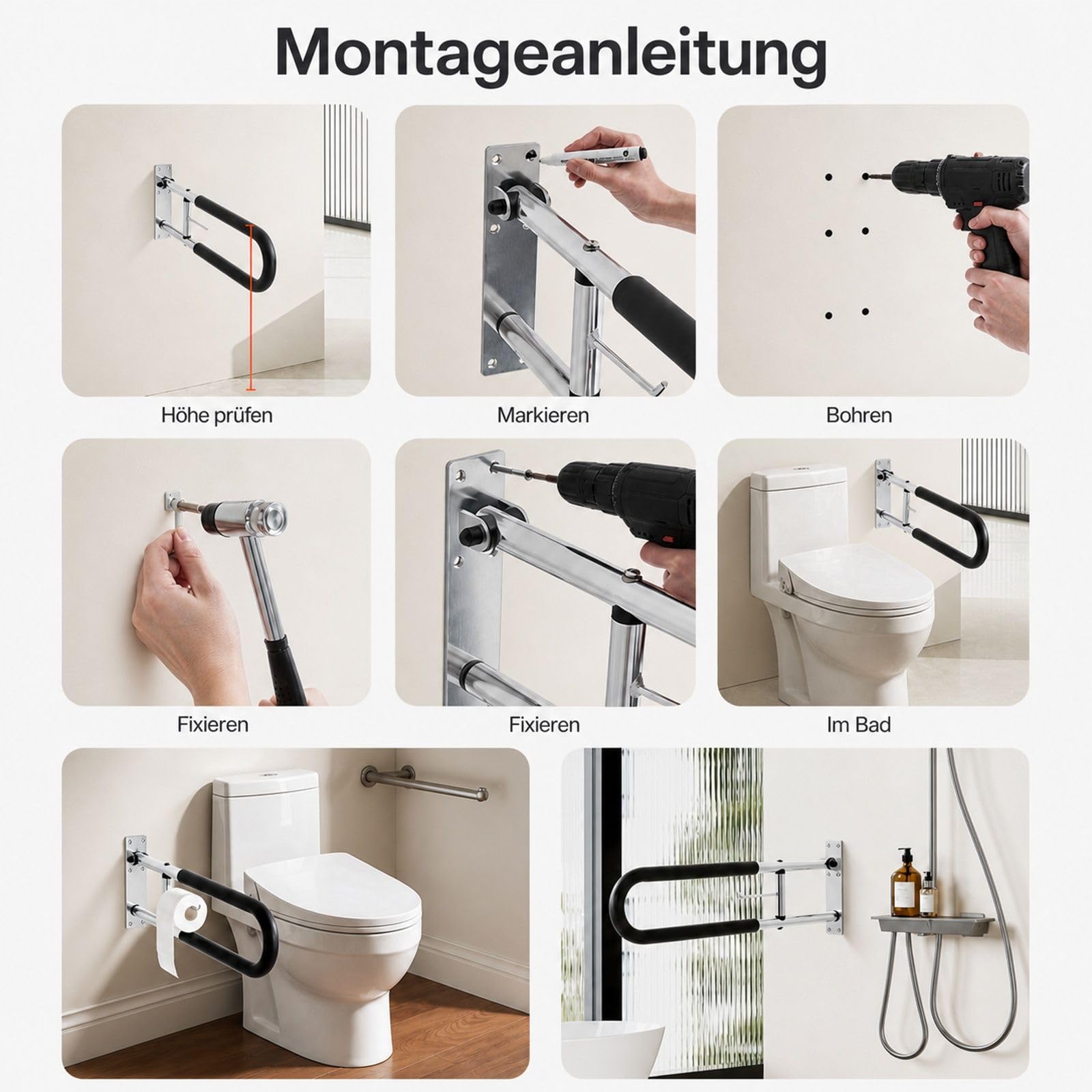 Klappbarer WC-Haltegriff mit Papierhalter, Wandmontage, für Badezimmer und Toilette