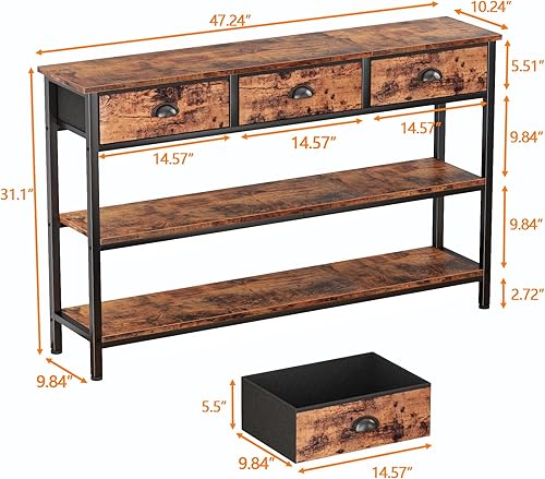 Miniatura 3 de Furologee - Mesa de consola larga de 47" con 3 cajones, mesa de sofá, mesa de entrada con estantes de almacenamiento de 3 niveles, estante de Marrón