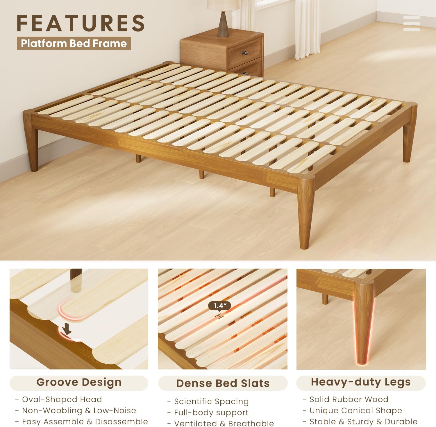 IOTXY Queen Platform Bed Frame - Solid Wood 16-Inch Height Mattress Foundation Base with Densely Slats and Heavy-Duty Support Legs, No Box Spring Needed, Teak