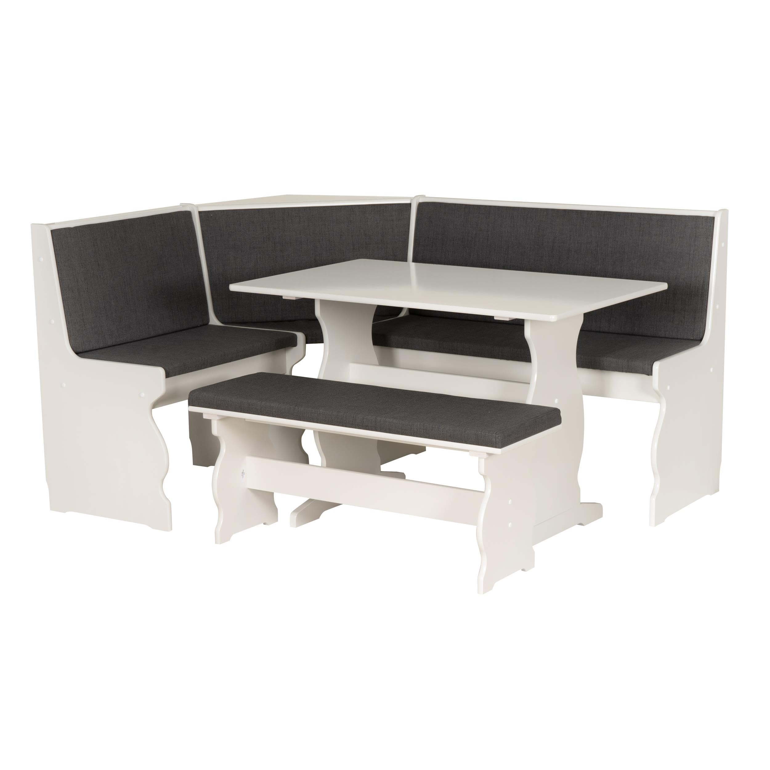 Linon Natasha Corner Nook Dining Set Charcoal Gray Fabric Seats in White Wood