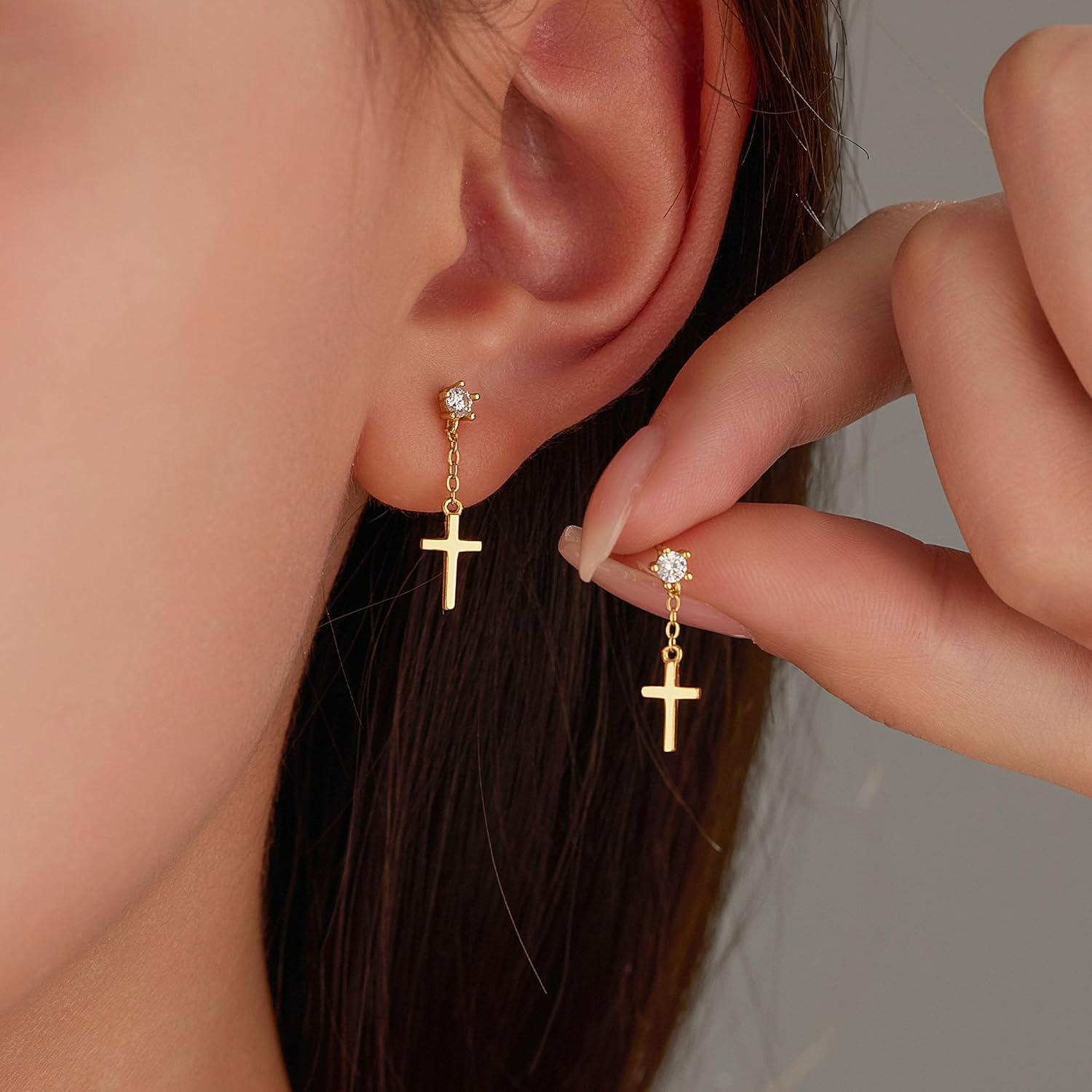 925 Sterling Silver Cross Hoop Dangle Earrings for Women Mother 14K Gold Plated Dangle Cross Tassels Earrings Cubic Zirconia Cartilage Hypoallergenic Drop Christian Halloween Wedding Jewelry Gift - Image 2