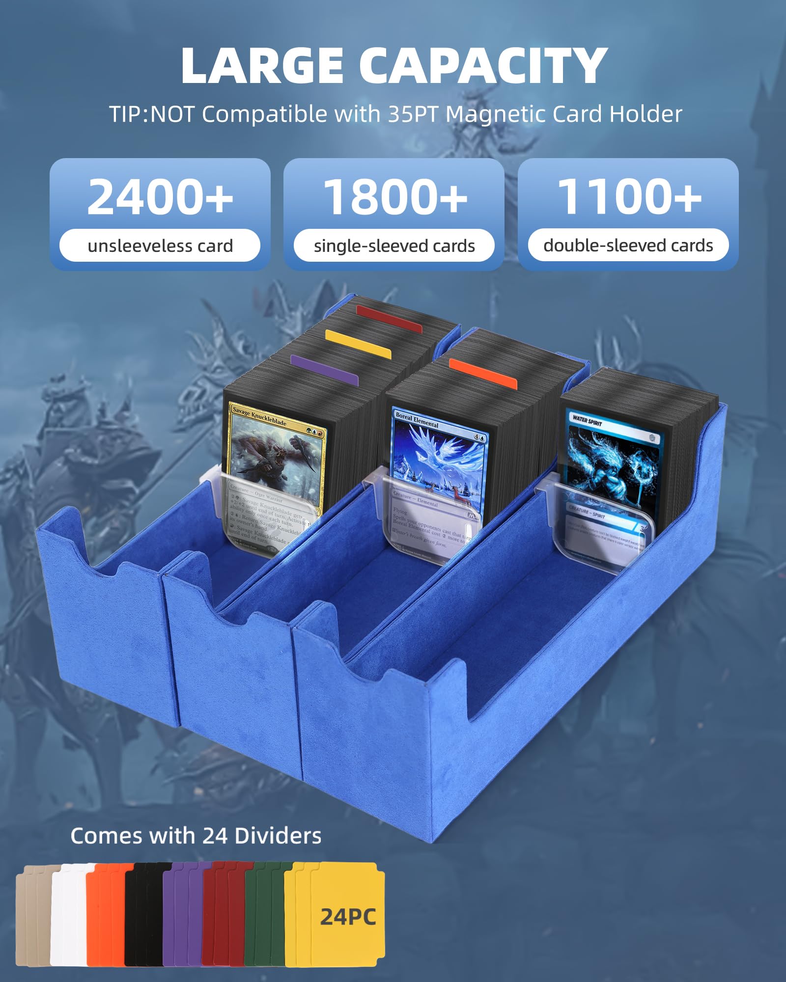 Heypappy Deck box 2400+ Boîte à Cartes,Boîte de Rangement Cartes, Similicuir PU - 3 Étuis PP, Poignée, 24 Intercalaires Colorées + 6 Séparateurs - Compatible MTG, Sports (Noir & Bleu)