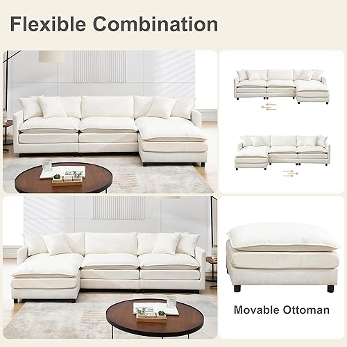 Miniatura 9 de Sofá modular modular de pana de 108.27 pulgadas para sala de estar con 3 asientos, 1 otomana y 3 almohadas, cómodos sofás de nube con otomana móvil,