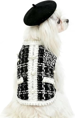 Luxury Dog Clothes Tweed Suits and Beret Hat,Black Winter Warm Pet Coat Vintage Jacket Vest,Cat Artist Costume Cosplay Party Outfits for Small Medium Dogs,S