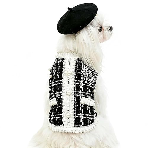 Luxury Dog Clothes Tweed Suits and Beret Hat,Black Winter Warm